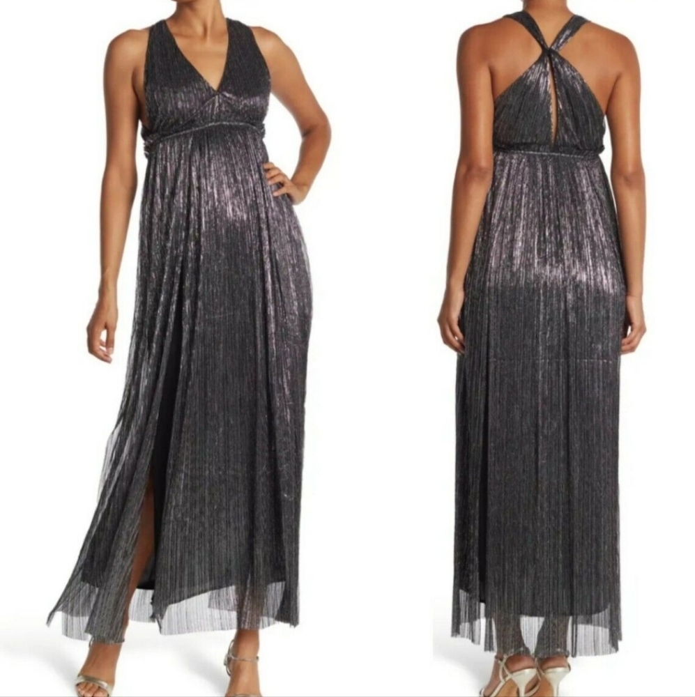 Lovestitch women's Small plunge metallic racerback pleated maxi dress